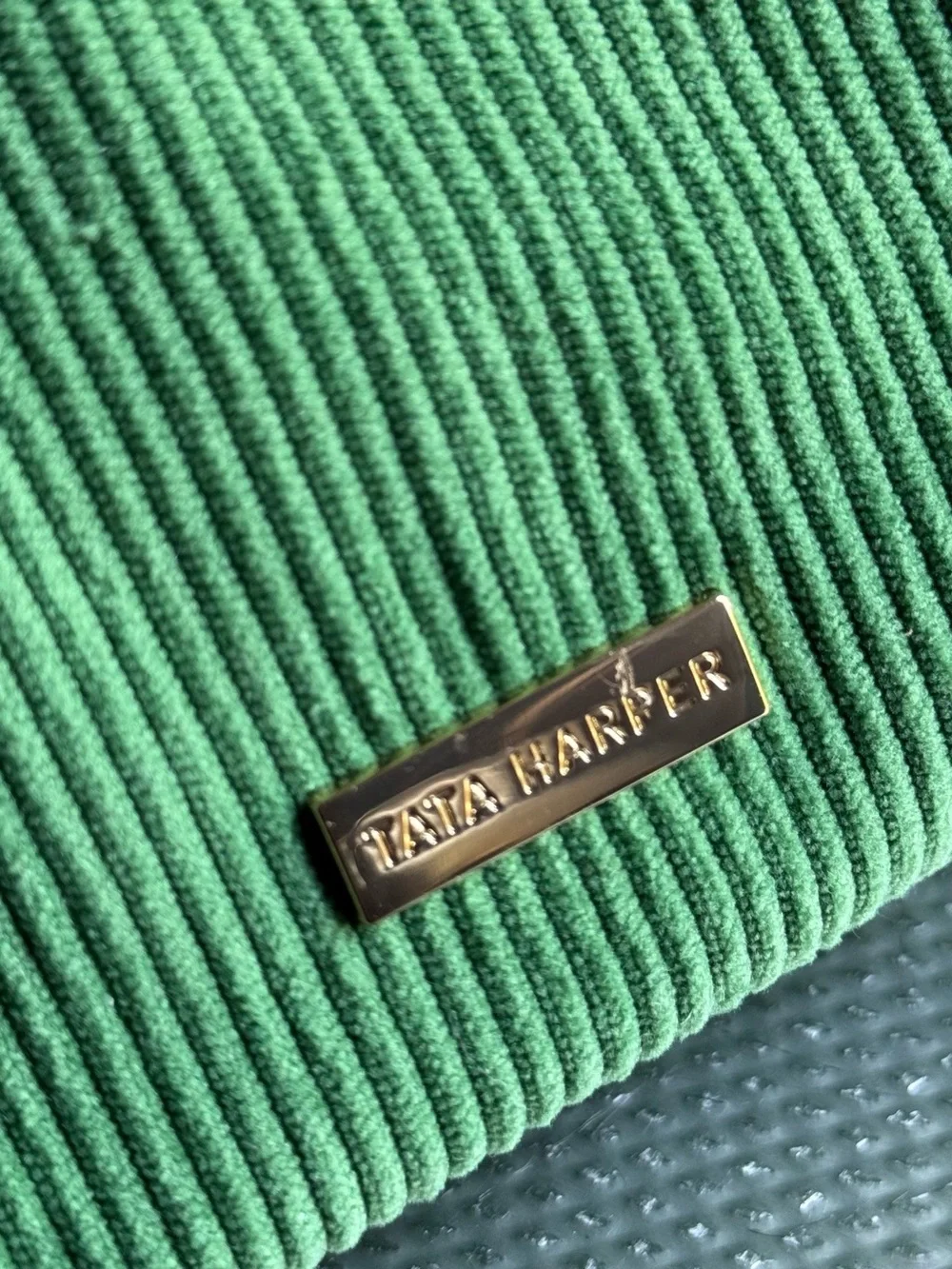 Tata Harper small green corduroy makeup bag
